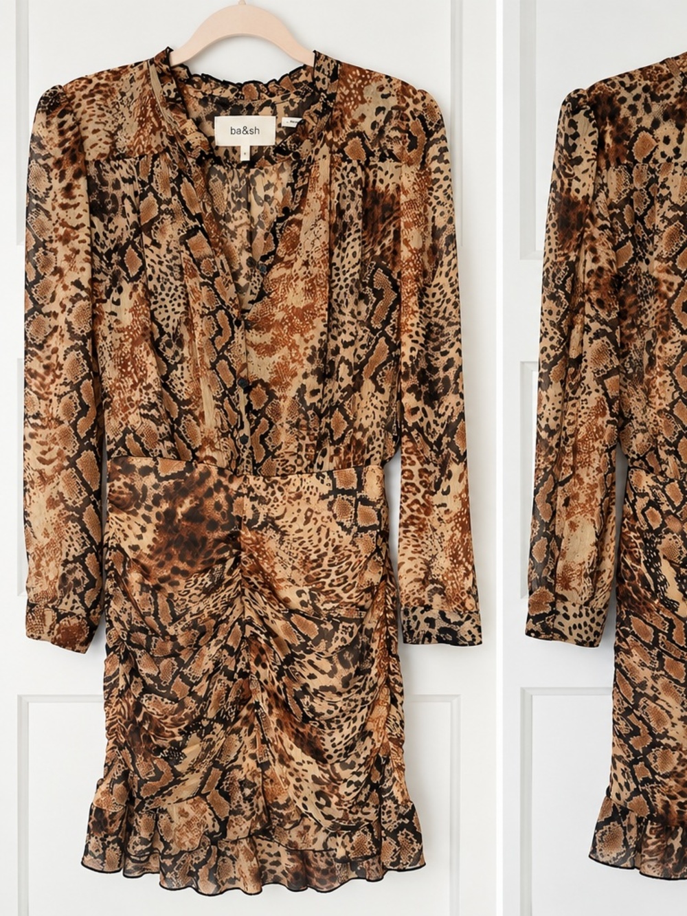 ba&sh Rackel Snake Print Georgette Ruched Mini Dress Size S Animal Print